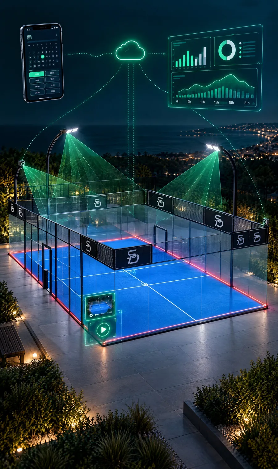 An SD smart court at night, connected to the booking app, the cloud and live reporting